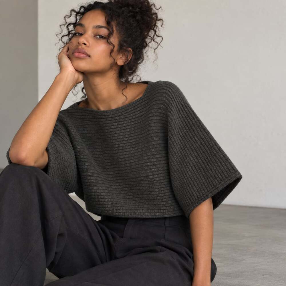 Uniqlo and Lemaire Ribbed Batwing Short Sleeve wool Sweater Dark Gray